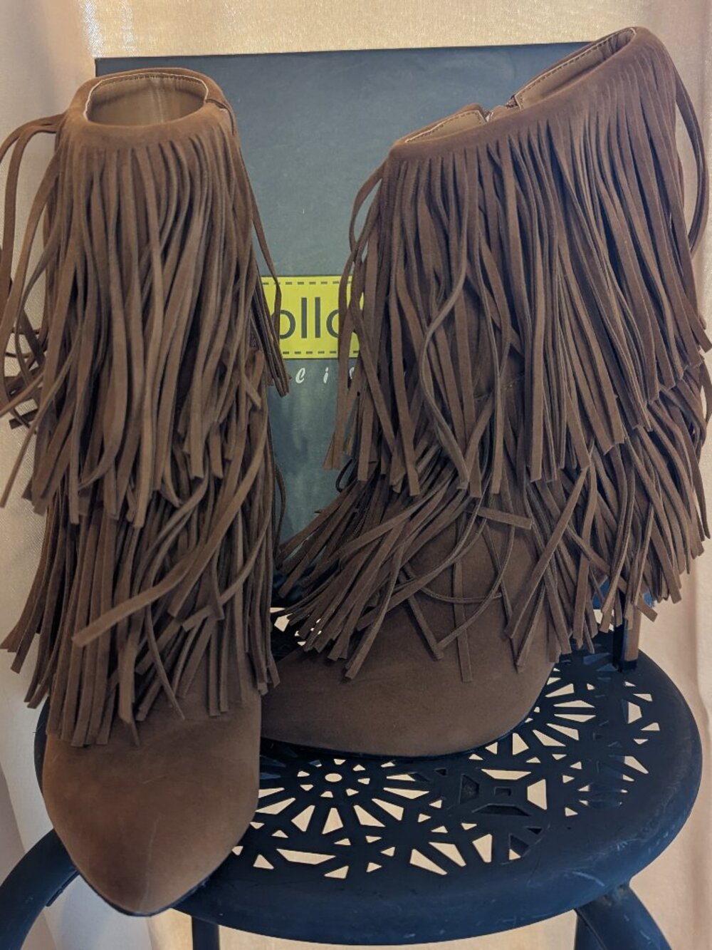 Follow Me California Camel Fringe Stiletto Ankle Boots NWT 6